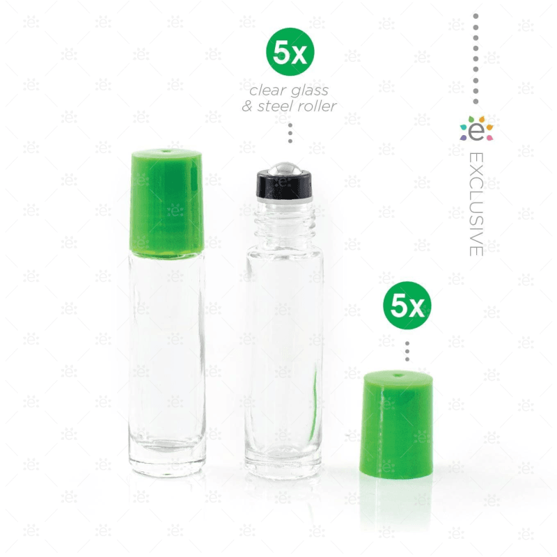 10Ml Clear Glass Roller Bottle With Fern (Green) Lid & Premium Stainless Steel Rollerball - 5 Pack