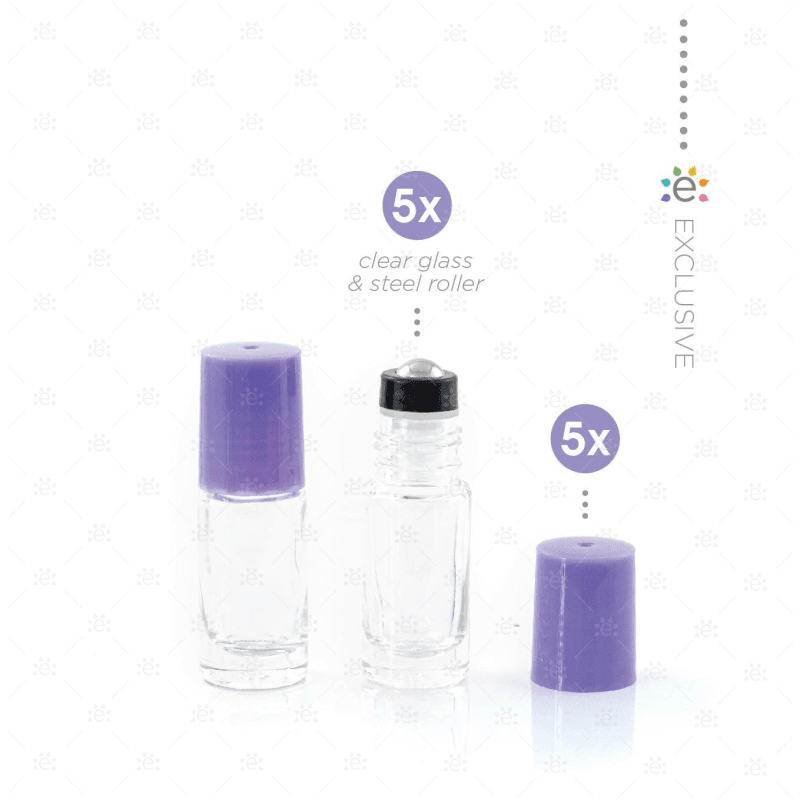 5Ml Clear Glass Roller Bottle With Amethyst (Purple) Lid & Premium Stainless Steel Rollerball - 5