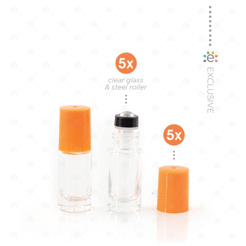 5Ml Clear Glass Roller Bottle With Tangerine (Orange) Lid & Premium Stainless Steel Rollerball - 5