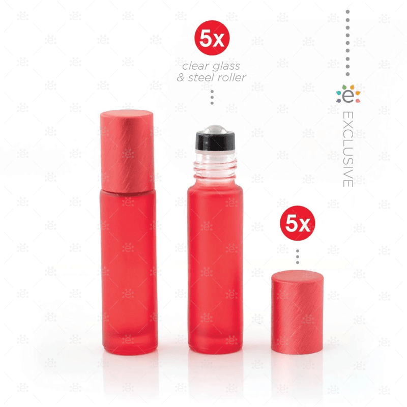 Deluxe Frosted 10Ml Red Roller Bottles With Metallic Caps & Premium Rollers (5 Pack) Glass Roller