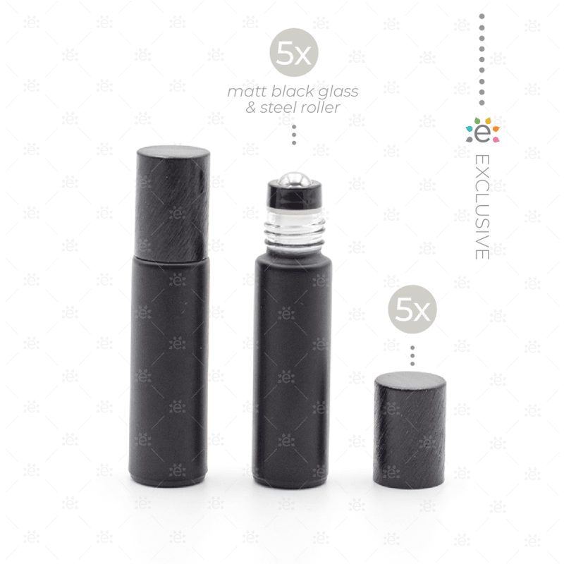 Deluxe Matte 10Ml Black Roller Bottles With Metallic Caps & Premium Rollers (5 Pack) Glass Roller