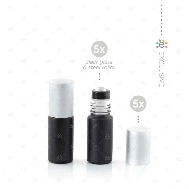 Deluxe Matte 5Ml Black Roller Bottles With Pewter Metallic Caps & Premium Rollers (5 Pack) Glass