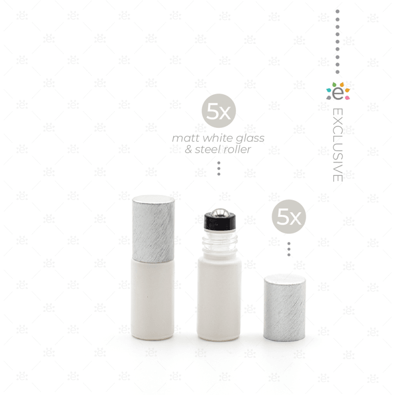 Deluxe Matte 5Ml White Roller Bottles With Pewter Metallic Caps & Premium Rollers (5 Pack) Glass